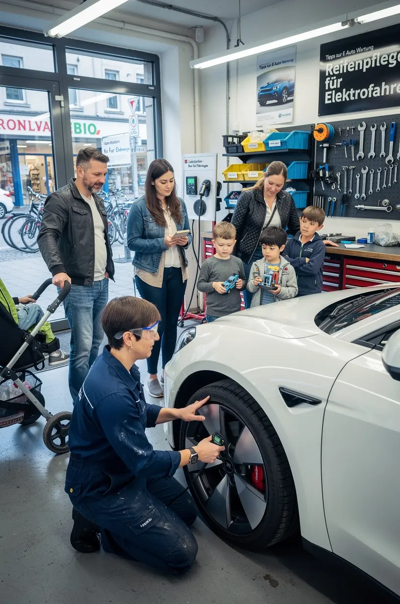 Mechaniker überprüft Reifen eines Elektroautos mit spezialisiertem Messgerät