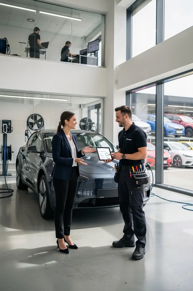 Elektroauto wird an einer modernen Ladestation in einer deutschen Autowerkstatt geladen